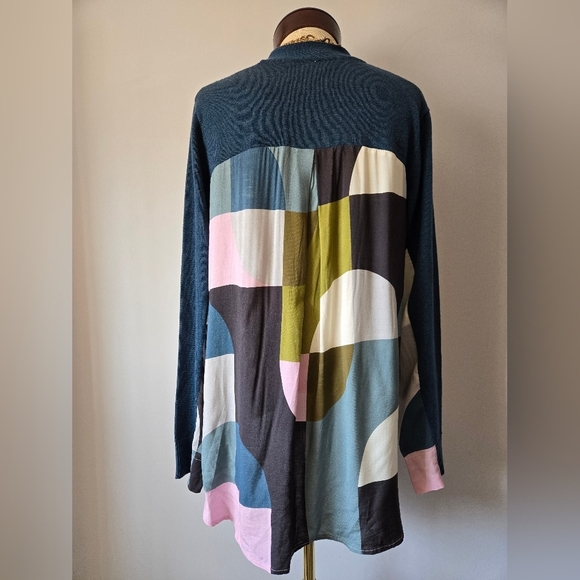 FOIL Blue Merino Wool Blend Sweater with Chiffon Pastel Multicolor Back. Medium - Picture 4 of 9